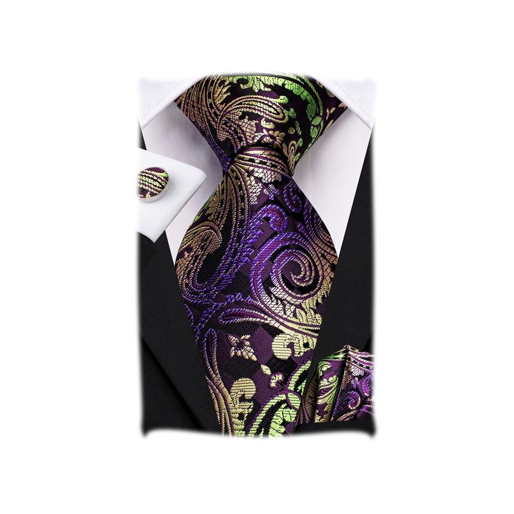 1029 Green Purple Paisley Ties Mardi Gras Necktie Pocket Square Cufflinks
